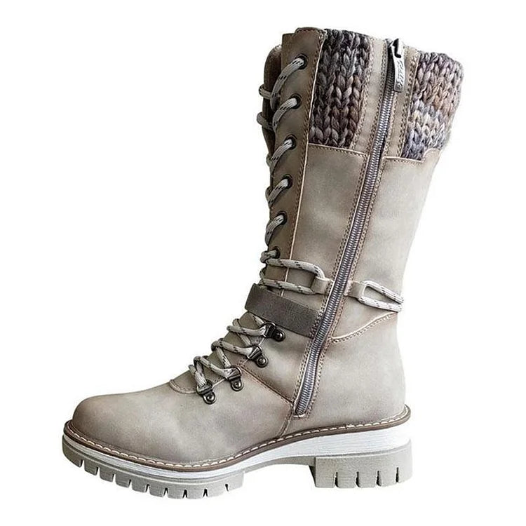 Retro-Stil klobige niedrige Absätze Schnürstiefel aus Strick bis zur Mitte der Wade