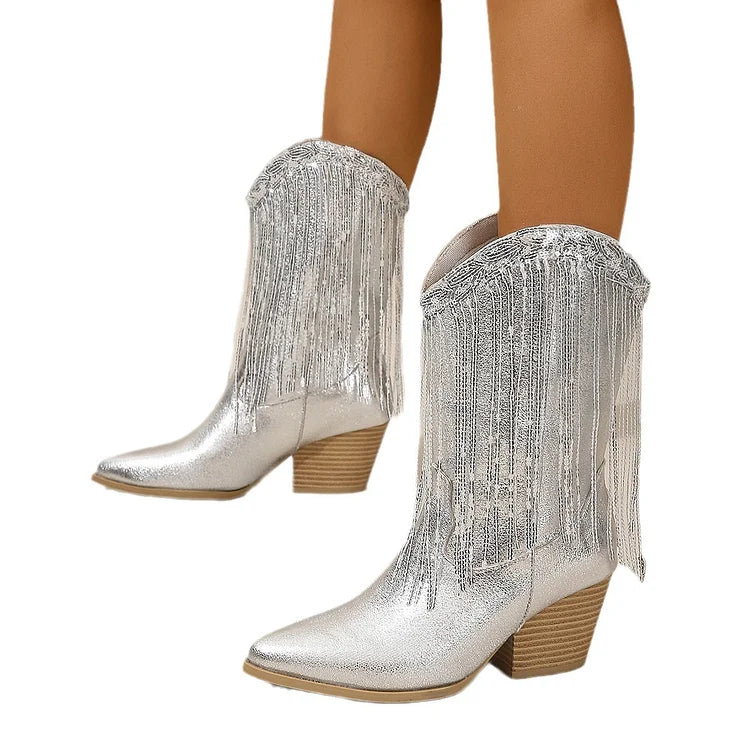 Silberne Cowboystiefel mit Fransen