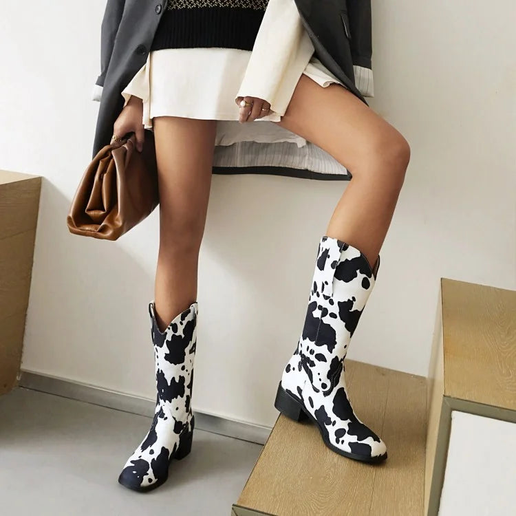 Damen Westernstiefel mit Blockabsatz und Kuhfell-Print