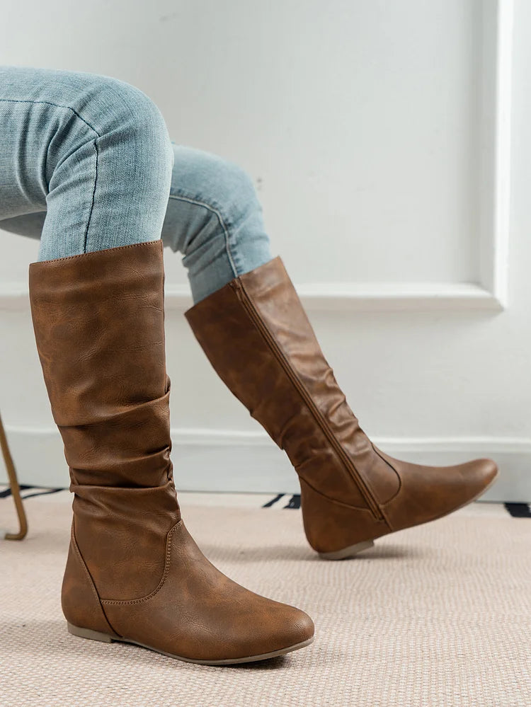 Damenstiefel PU Plissee Flock Fuzzy Niedrige Stiefel für Damen Einfarbig Elegante Stiefel bis zur Mitte der Wade