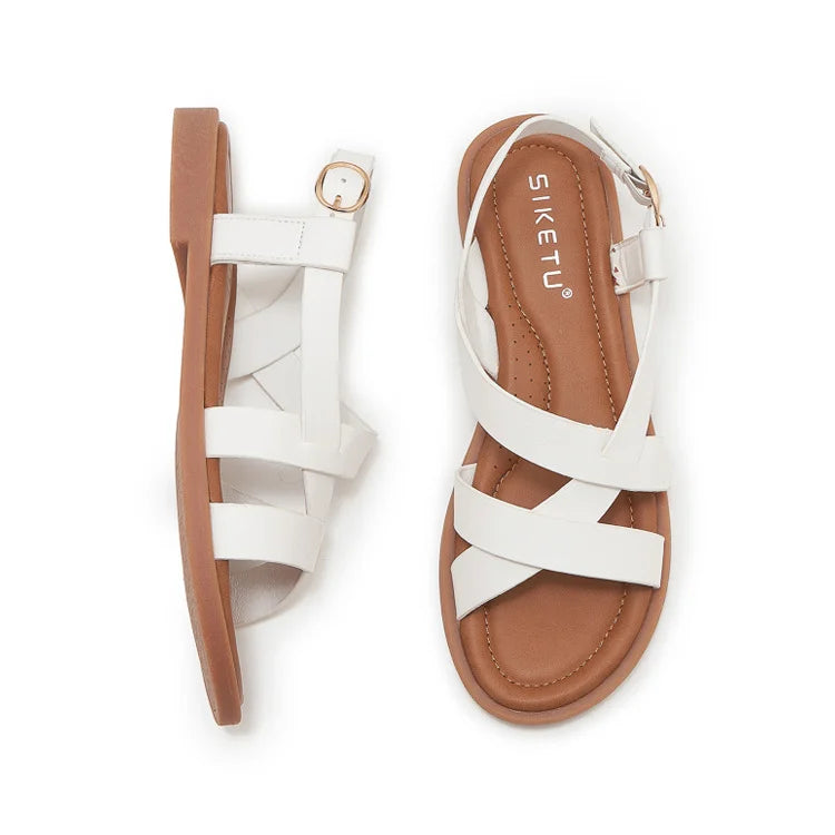 Gladiatorsandalen aus Leder für Damen mit flacher seitlicher Schnalle
