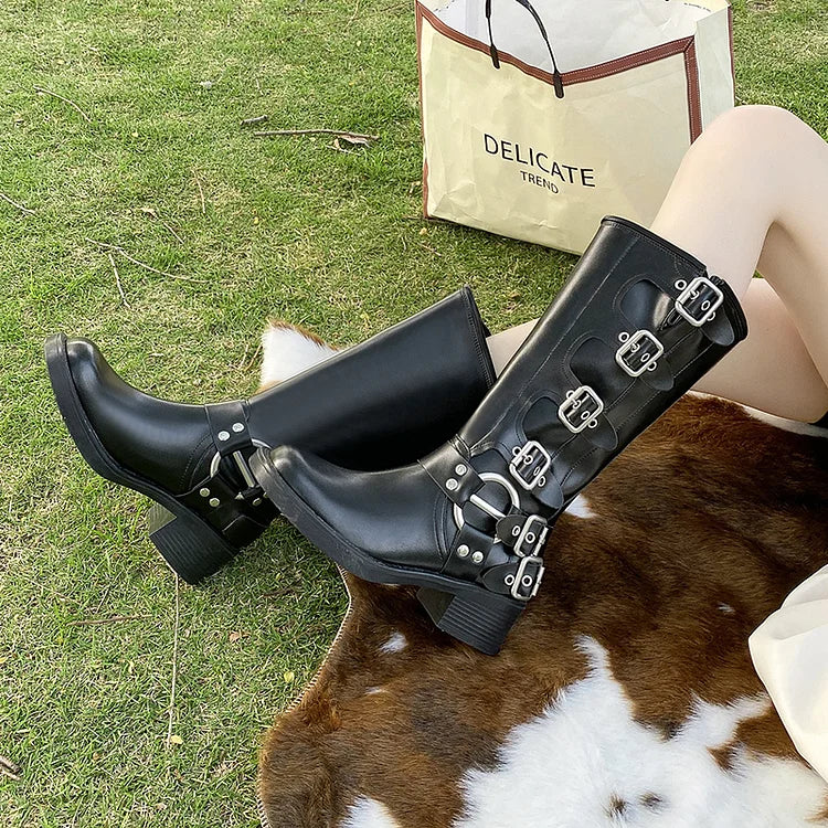 Damen Stiefeletten mit runder Zehenpartie aus PU mit Wadenschnalle und Retro-Western-Gothic-Stil