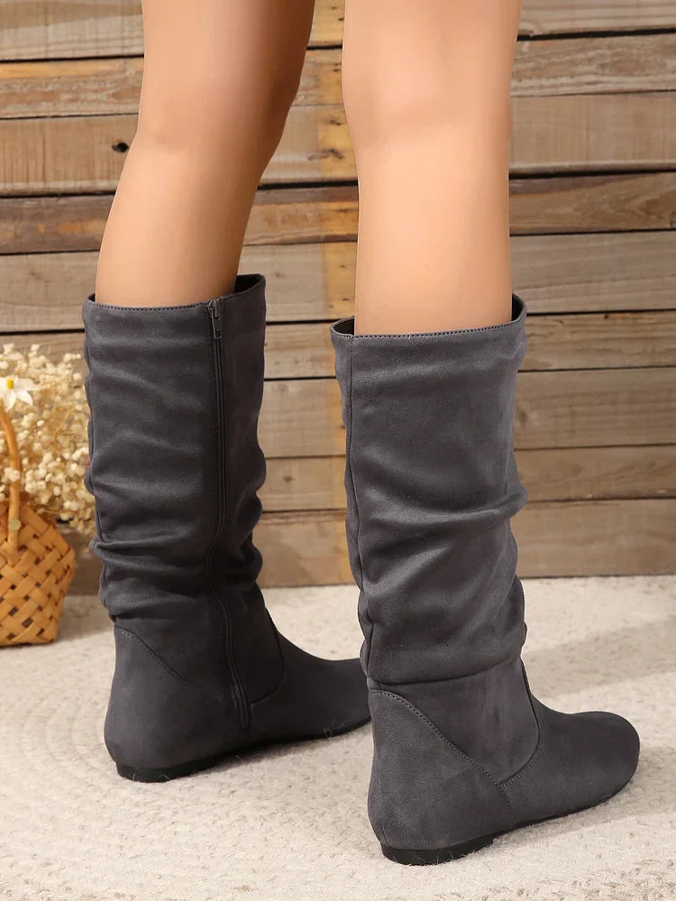 Damenstiefel Wildleder Plissee Flock Fuzzy Niedrige Stiefel für Damen Einfarbig Elegante Stiefel bis zur Mitte der Wade