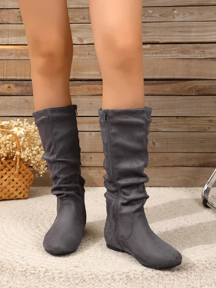Damenstiefel Wildleder Plissee Flock Fuzzy Niedrige Stiefel für Damen Einfarbig Elegante Stiefel bis zur Mitte der Wade