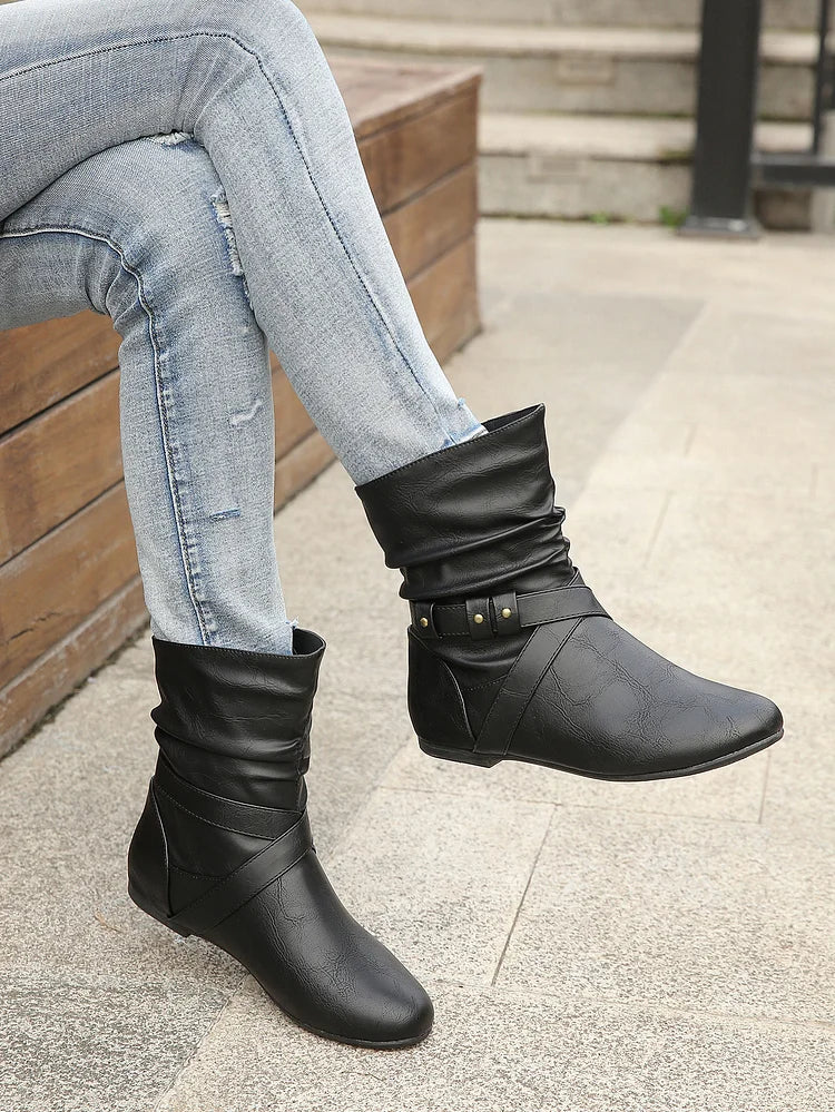 Flache Stiefeletten Damen Slouch Boots Low Heel Booties Herbst Slouchy Boots
