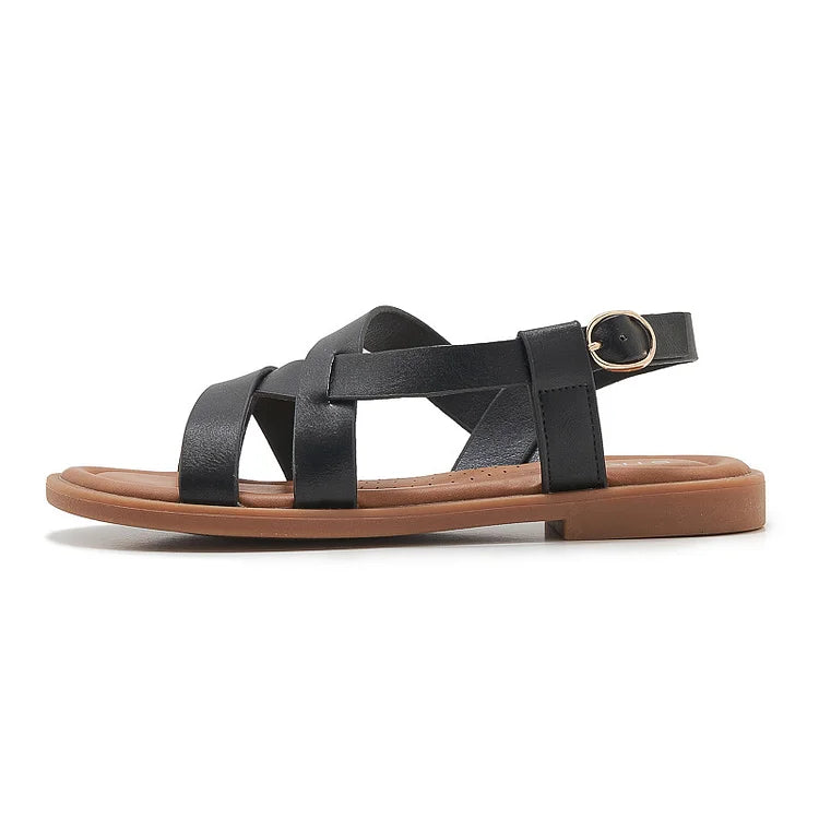 Gladiatorsandalen aus Leder für Damen mit flacher seitlicher Schnalle