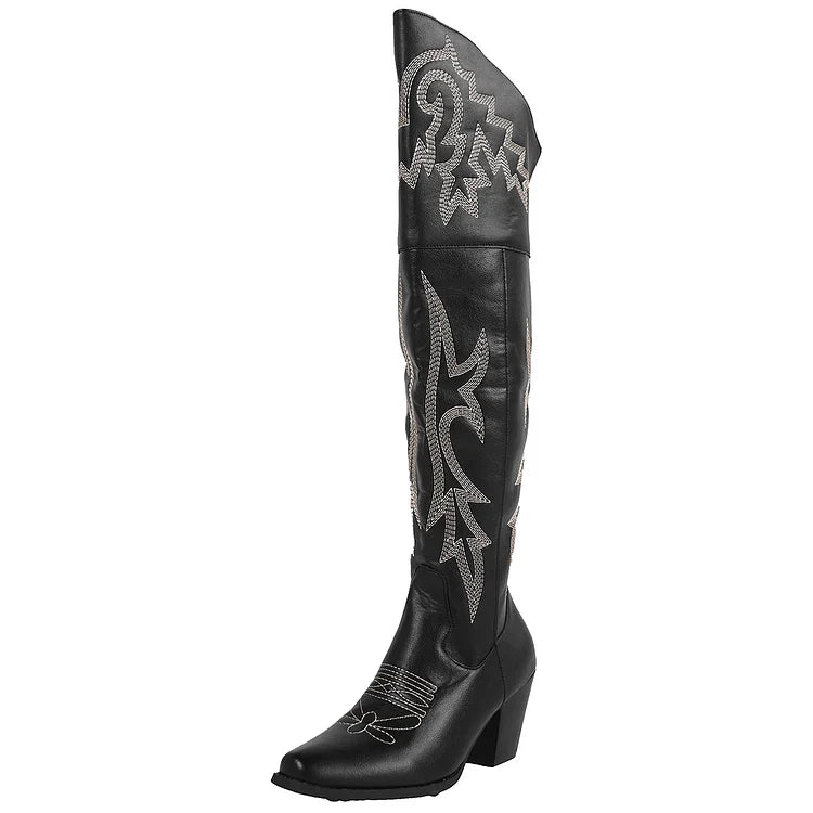 Retro Resort Bestickte Cowboy-Westem-Modestiefel mit klobigem Absatz für Damen