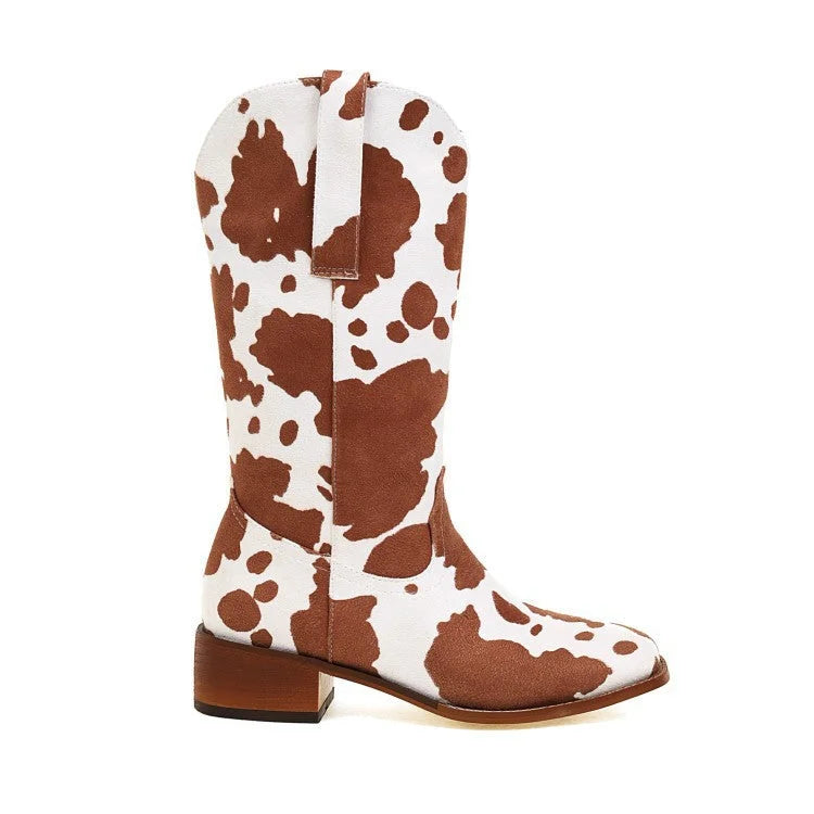Damen Westernstiefel mit Blockabsatz und Kuhfell-Print