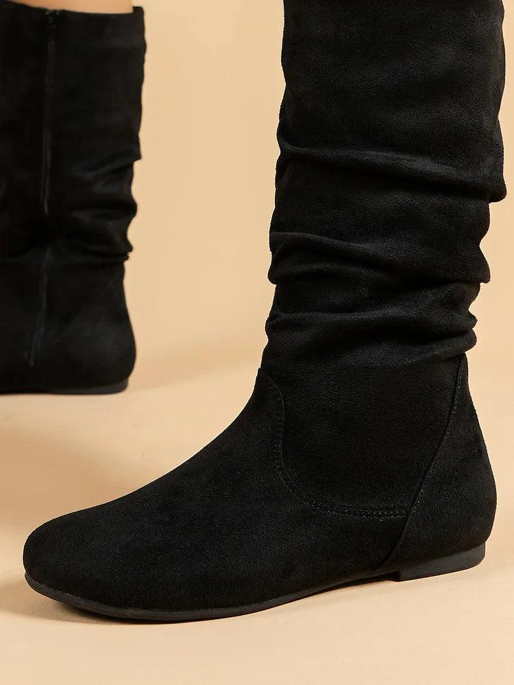 Damenstiefel Wildleder Plissee Flock Fuzzy Niedrige Stiefel für Damen Einfarbig Elegante Stiefel bis zur Mitte der Wade