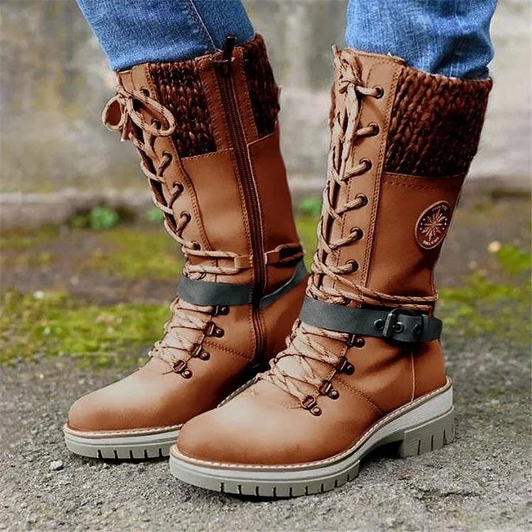 Retro-Stil klobige niedrige Absätze Schnürstiefel aus Strick bis zur Mitte der Wade