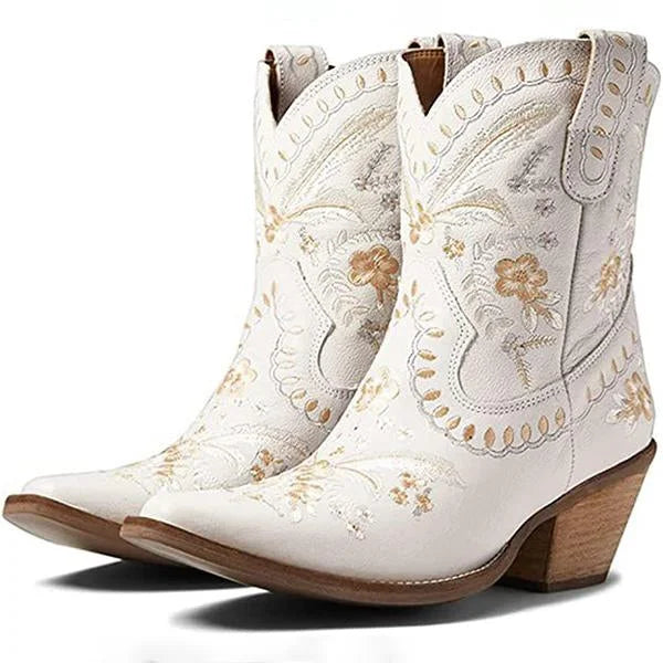 Damen-Stiefeletten mit dicker Sohle und Stickerei