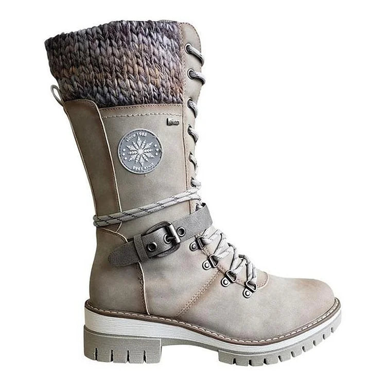 Retro-Stil klobige niedrige Absätze Schnürstiefel aus Strick bis zur Mitte der Wade