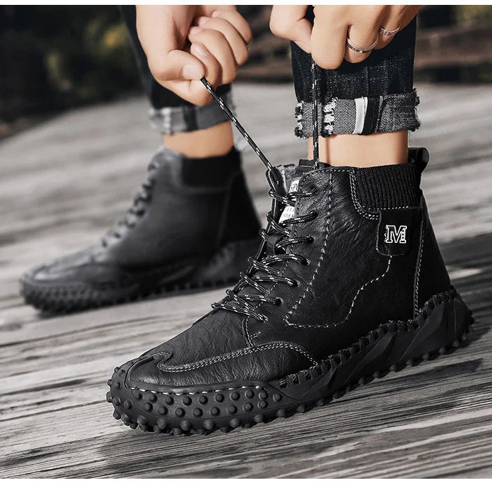 Herren Stiefeletten Winter Warme Schneestiefel Dicker Plüsch Herren Handgefertigte Lederstiefel Outdoor Wasserdichte Arbeitsstiefel