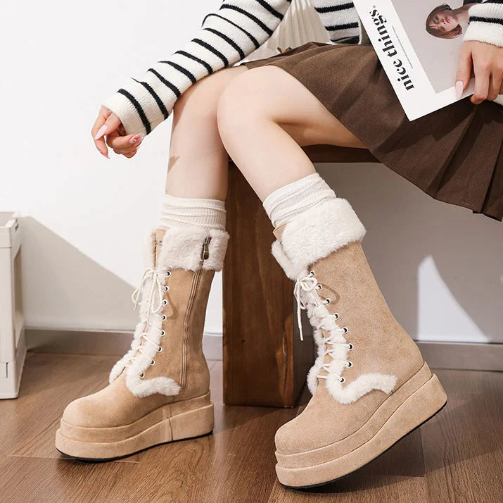 Damen Retro-Schnürstiefel aus Samt mit dicker Sohle und warmer Wadenhöhe