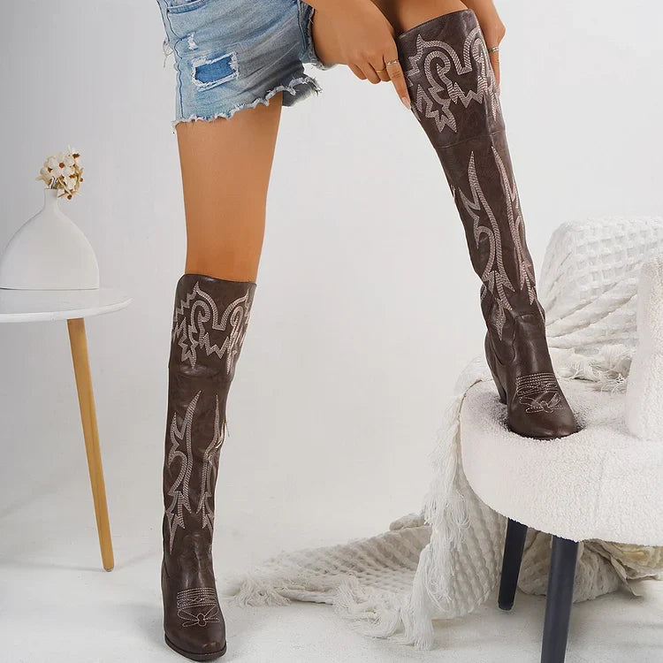 Retro Resort Bestickte Cowboy-Westem-Modestiefel mit klobigem Absatz für Damen