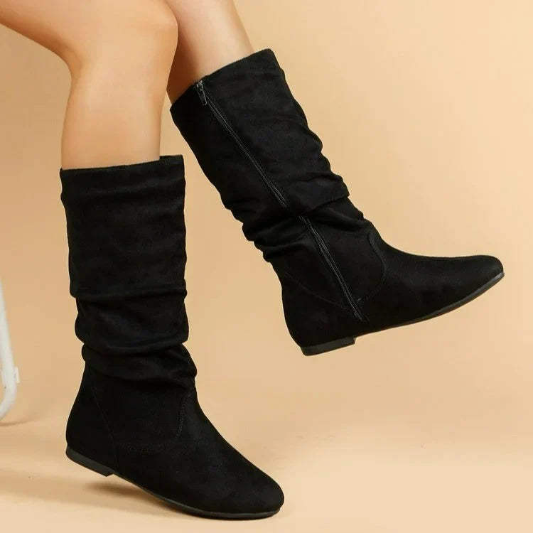 Damenstiefel Wildleder Plissee Flock Fuzzy Niedrige Stiefel für Damen Einfarbig Elegante Stiefel bis zur Mitte der Wade