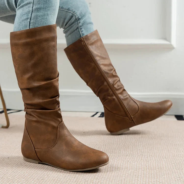 Damenstiefel PU Plissee Flock Fuzzy Niedrige Stiefel für Damen Einfarbig Elegante Stiefel bis zur Mitte der Wade