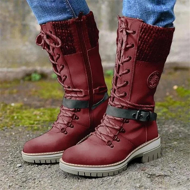Retro-Stil klobige niedrige Absätze Schnürstiefel aus Strick bis zur Mitte der Wade