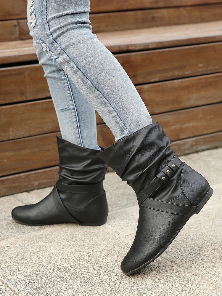 Flache Stiefeletten Damen Slouch Boots Low Heel Booties Herbst Slouchy Boots