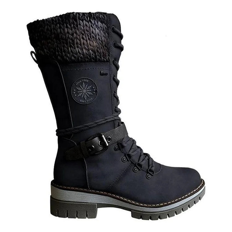 Retro-Stil klobige niedrige Absätze Schnürstiefel aus Strick bis zur Mitte der Wade