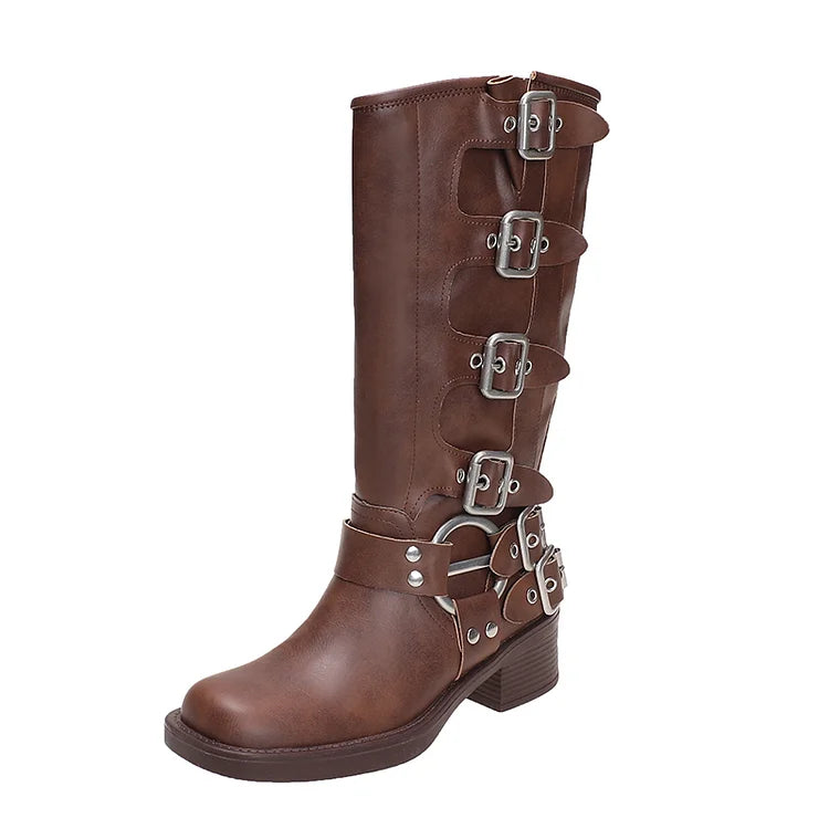 Damen Stiefeletten mit runder Zehenpartie aus PU mit Wadenschnalle und Retro-Western-Gothic-Stil