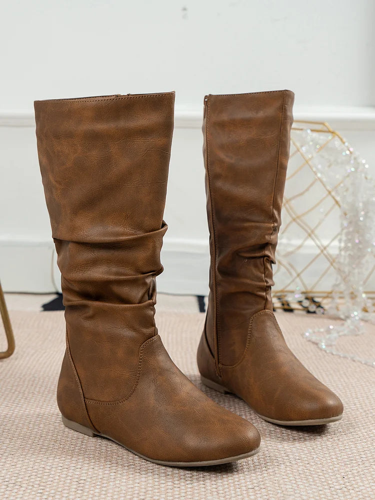 Damenstiefel PU Plissee Flock Fuzzy Niedrige Stiefel für Damen Einfarbig Elegante Stiefel bis zur Mitte der Wade