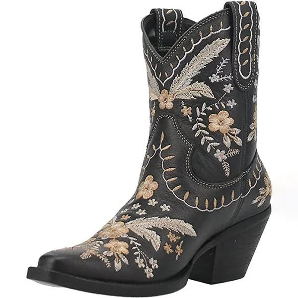 Damen-Stiefeletten mit dicker Sohle und Stickerei