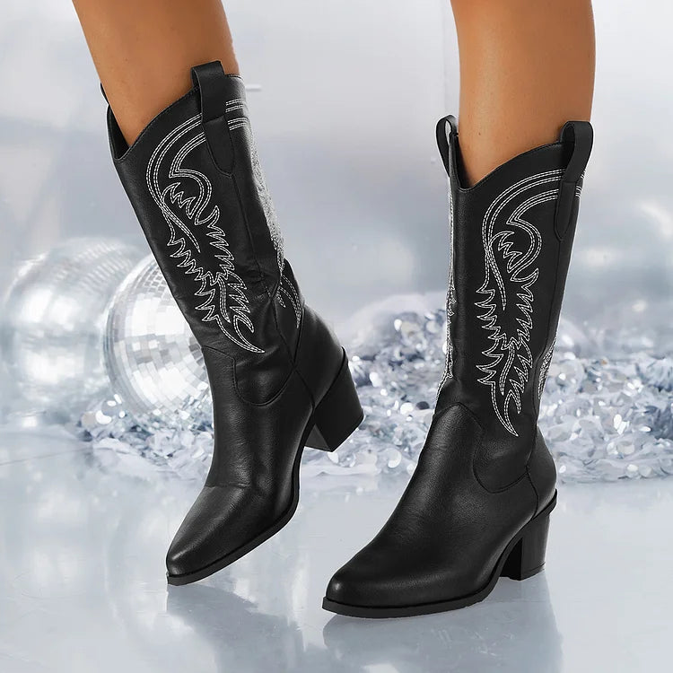 Cowboystiefel mit Absatz und Blattstickerei