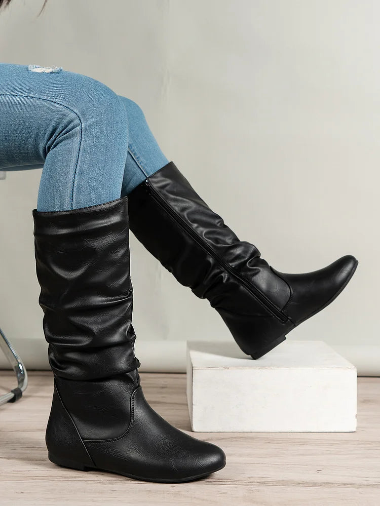 Damenstiefel PU Plissee Flock Fuzzy Niedrige Stiefel für Damen Einfarbig Elegante Stiefel bis zur Mitte der Wade
