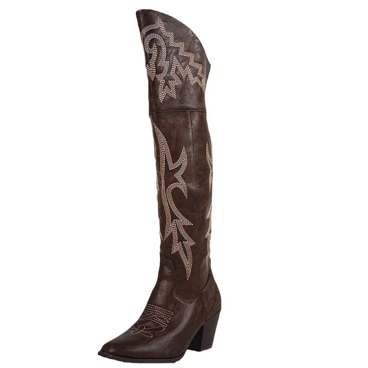 Retro Resort Bestickte Cowboy-Westem-Modestiefel mit klobigem Absatz für Damen