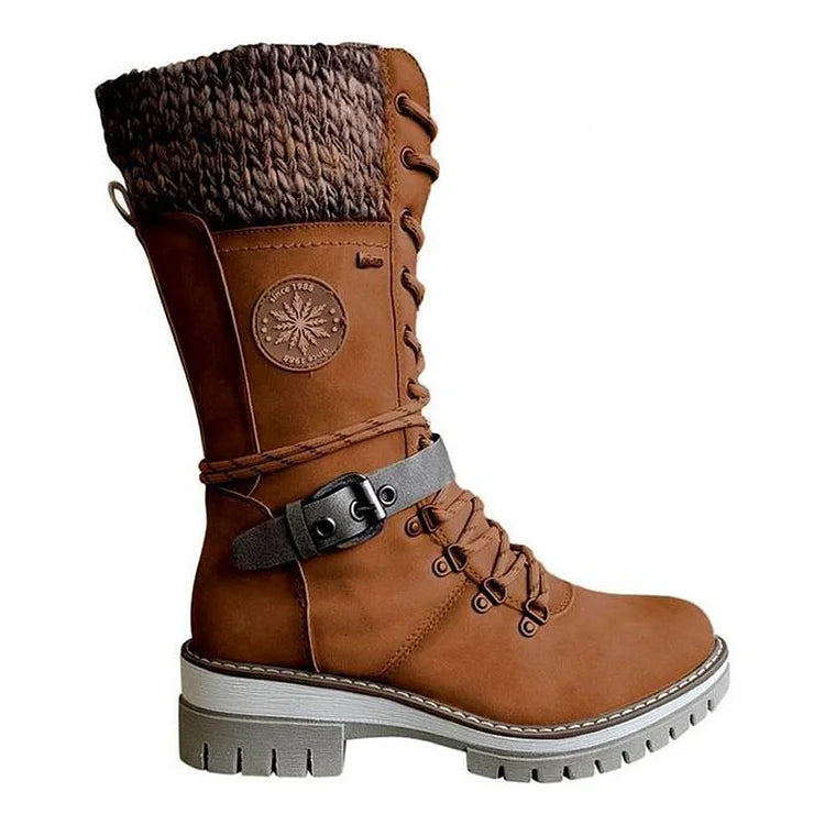 Retro-Stil klobige niedrige Absätze Schnürstiefel aus Strick bis zur Mitte der Wade