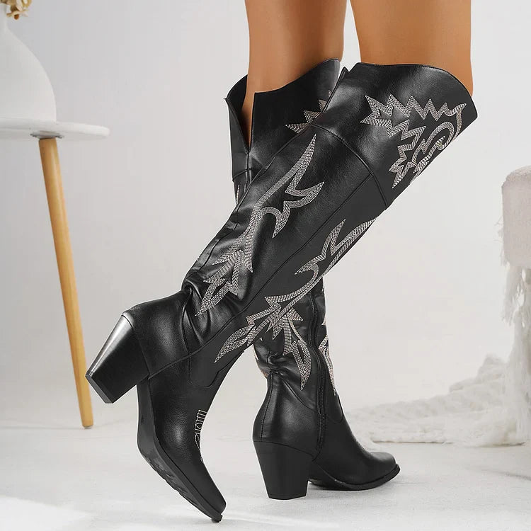 Retro Resort Bestickte Cowboy-Westem-Modestiefel mit klobigem Absatz für Damen