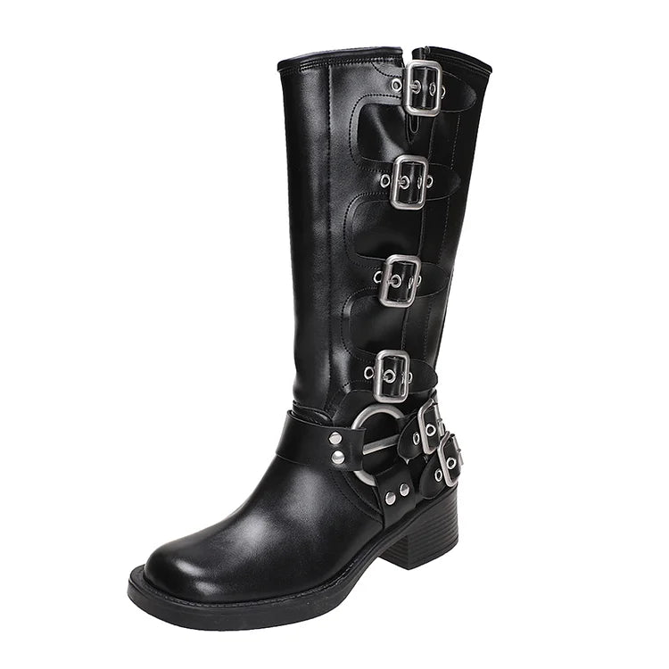 Damen Stiefeletten mit runder Zehenpartie aus PU mit Wadenschnalle und Retro-Western-Gothic-Stil
