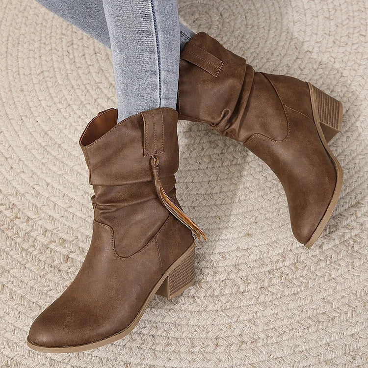 Damenstiefel mit plissierten Quasten und hohem Absatz wadenlang lockere Socken