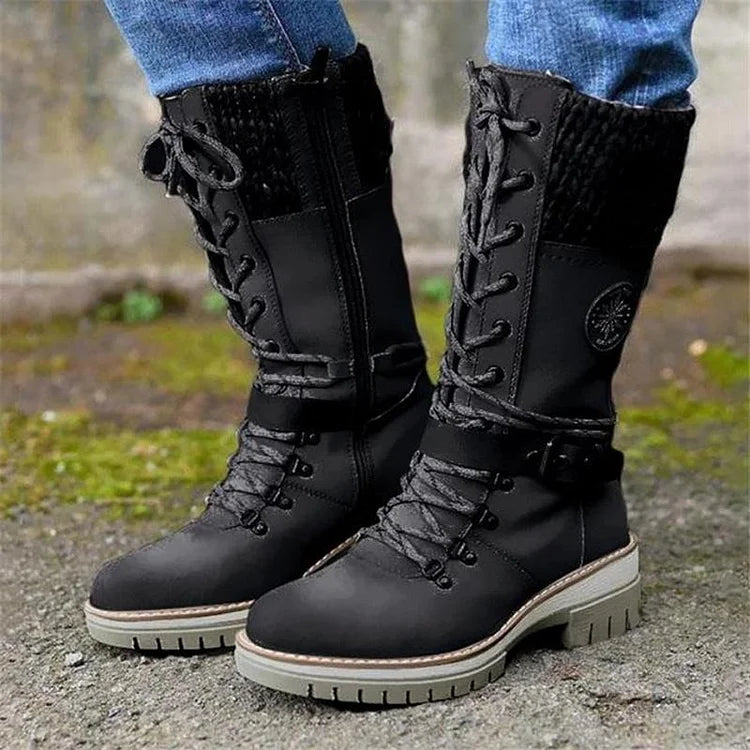 Retro-Stil klobige niedrige Absätze Schnürstiefel aus Strick bis zur Mitte der Wade