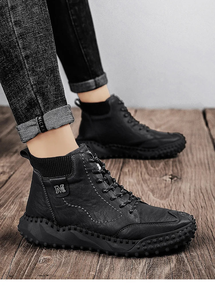 Herren Stiefeletten Winter Warme Schneestiefel Dicker Plüsch Herren Handgefertigte Lederstiefel Outdoor Wasserdichte Arbeitsstiefel