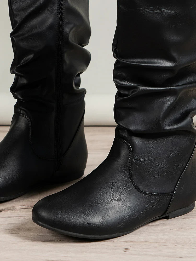 Damenstiefel PU Plissee Flock Fuzzy Niedrige Stiefel für Damen Einfarbig Elegante Stiefel bis zur Mitte der Wade
