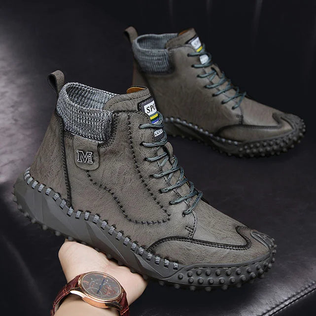Herren Stiefeletten Winter Warme Schneestiefel Dicker Plüsch Herren Handgefertigte Lederstiefel Outdoor Wasserdichte Arbeitsstiefel
