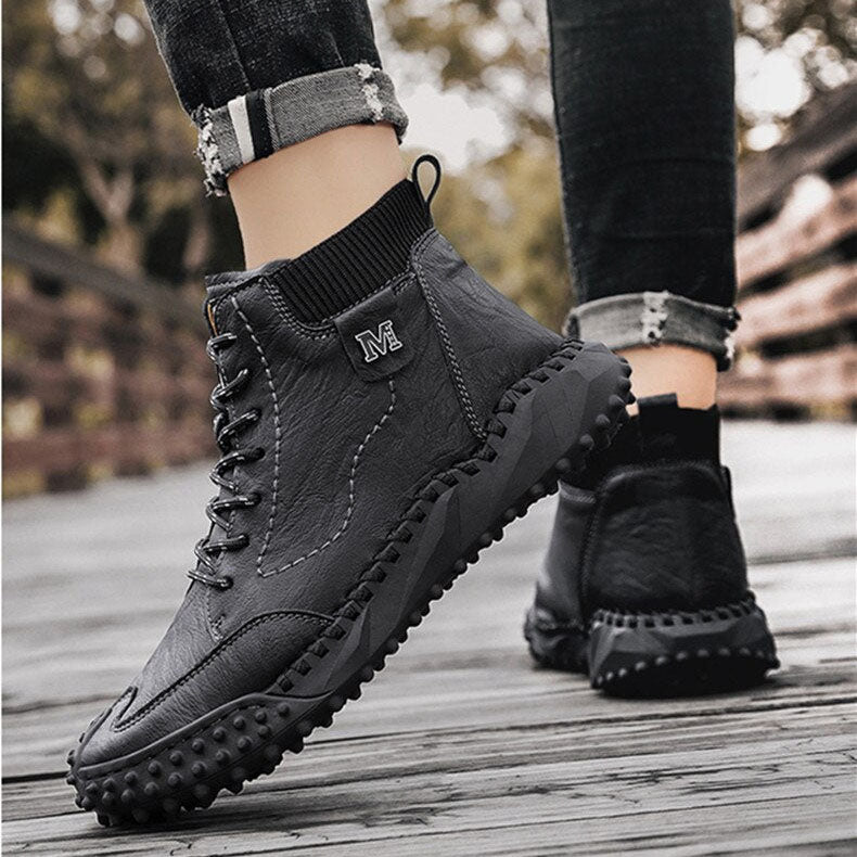 Herren Stiefeletten Winter Warme Schneestiefel Dicker Plüsch Herren Handgefertigte Lederstiefel Outdoor Wasserdichte Arbeitsstiefel
