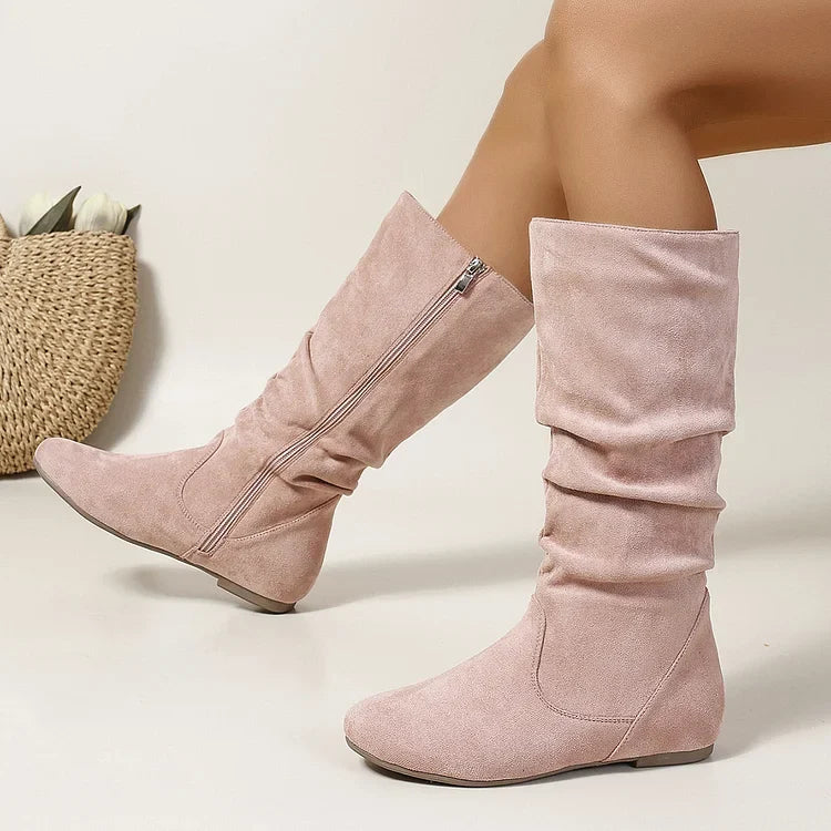 Damenstiefel Wildleder Plissee Flock Fuzzy Niedrige Stiefel für Damen Einfarbig Elegante Stiefel bis zur Mitte der Wade