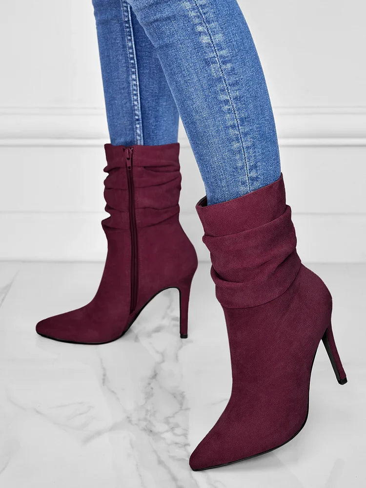 Elegante Spitzschuh Stiefeletten High Heels Samt Wildleder