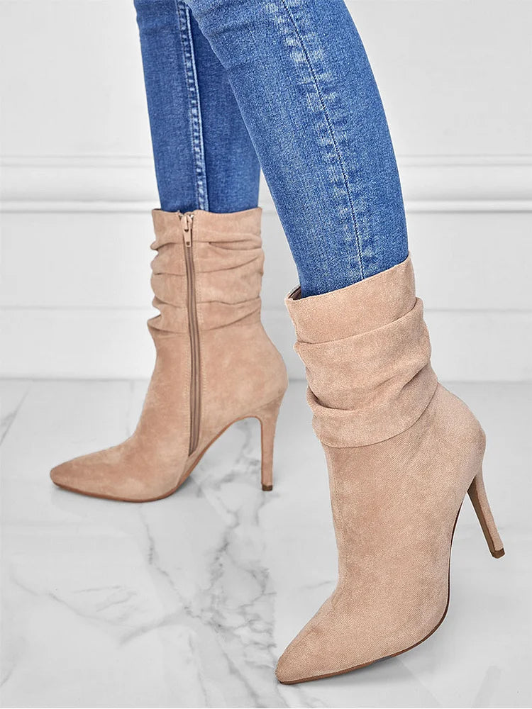 Elegante Spitzschuh Stiefeletten High Heels Samt Wildleder