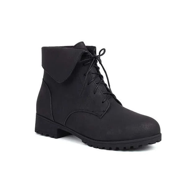 Damen Martin-Stiefel mit Umlegekragen und überkreuztem Patchwork-Schnürsystem