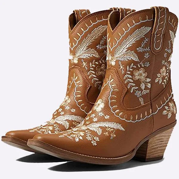 Damen-Stiefeletten mit dicker Sohle und Stickerei