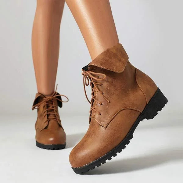 Damen Martin-Stiefel mit Umlegekragen und überkreuztem Patchwork-Schnürsystem