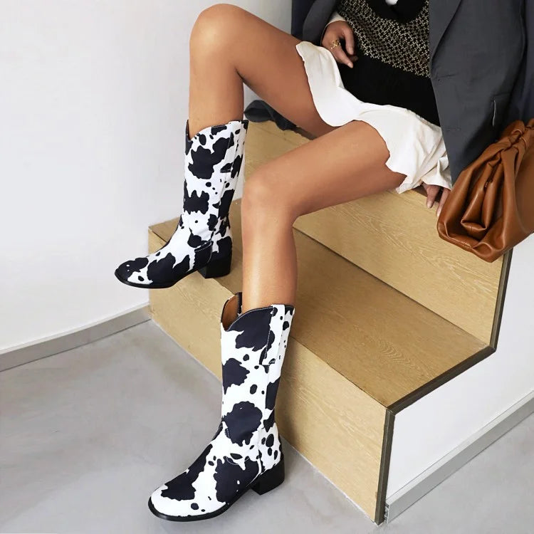 Damen Westernstiefel mit Blockabsatz und Kuhfell-Print