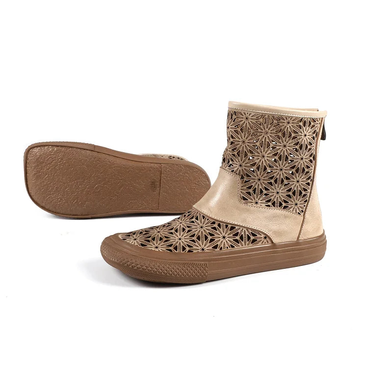Handgemachte Sommerstiefel aus echtem Leder mit Aussparungen atmungsaktiv mit Reißverschluss kurze Stiefel Beige/Kaffee