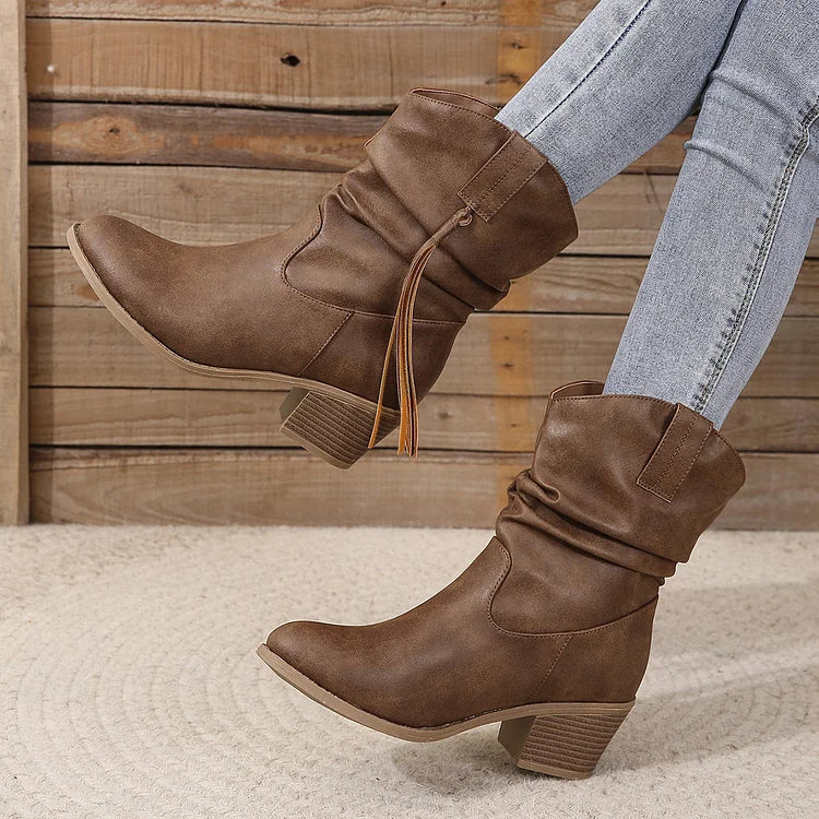 Damenstiefel mit plissierten Quasten und hohem Absatz wadenlang lockere Socken