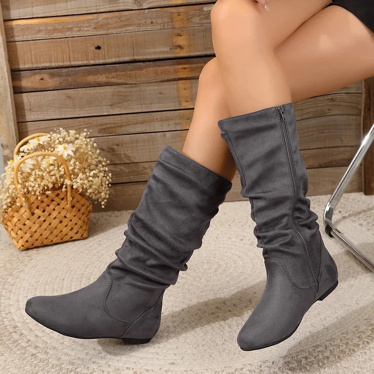 Damenstiefel Wildleder Plissee Flock Fuzzy Niedrige Stiefel für Damen Einfarbig Elegante Stiefel bis zur Mitte der Wade