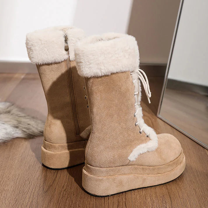 Damen Retro-Schnürstiefel aus Samt mit dicker Sohle und warmer Wadenhöhe